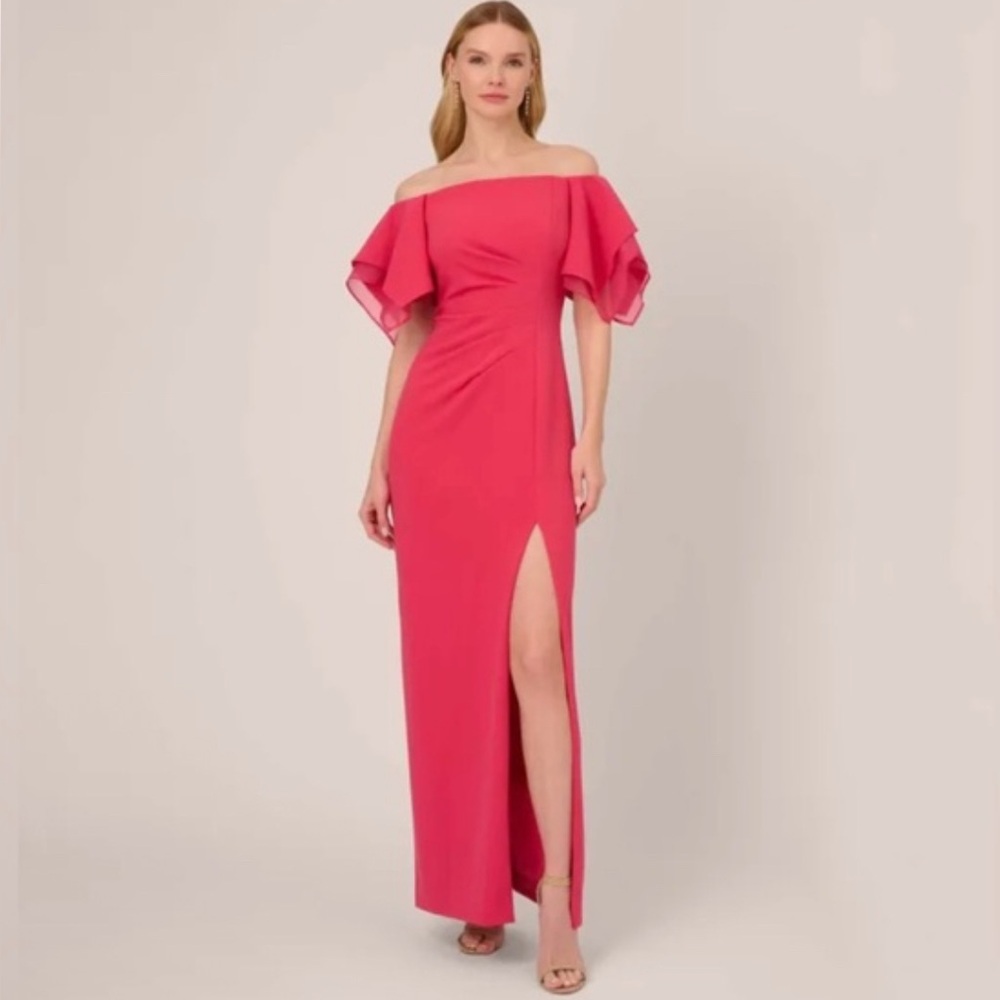 Adrianna Papell Off-Shoulder Ruffle Gown in Hot Pink
